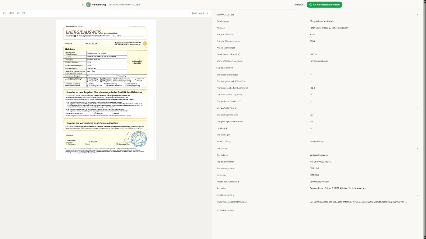 EnerScan structured export of extracted certificate data